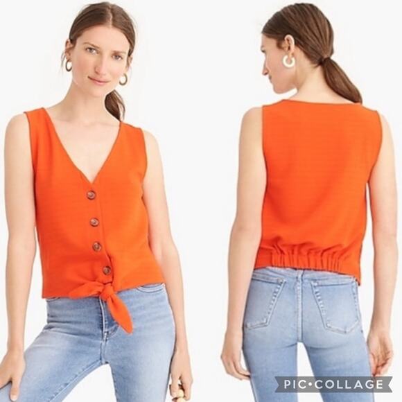 J. Crew Tie-front Button Down Textured Tank Top Bright Orange Sz L Preppy Summer - Picture 1 of 15